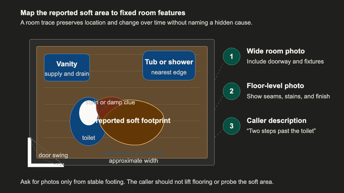 Bathroom plan marking a reported soft floor area, moisture clue, doorway, fixtures, and safe photo positions