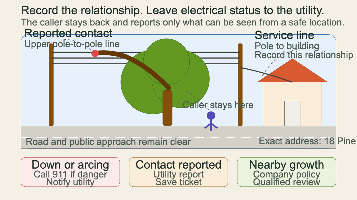 Annotated tree and power-line call-routing scene