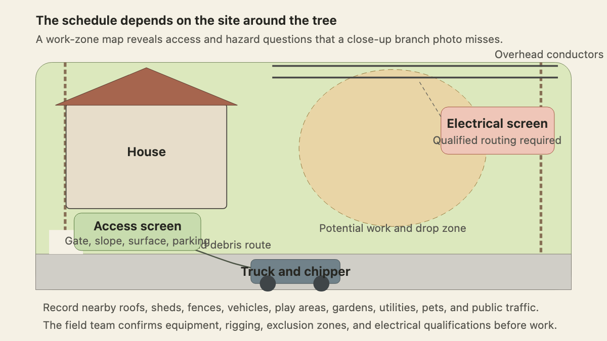 Residential tree-pruning work-zone plan with a house, fence, gate, overhead lines, truck, and debris route