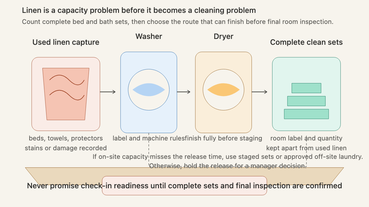 Linen route showing used linen, washer, dryer, complete clean sets, and the exception path