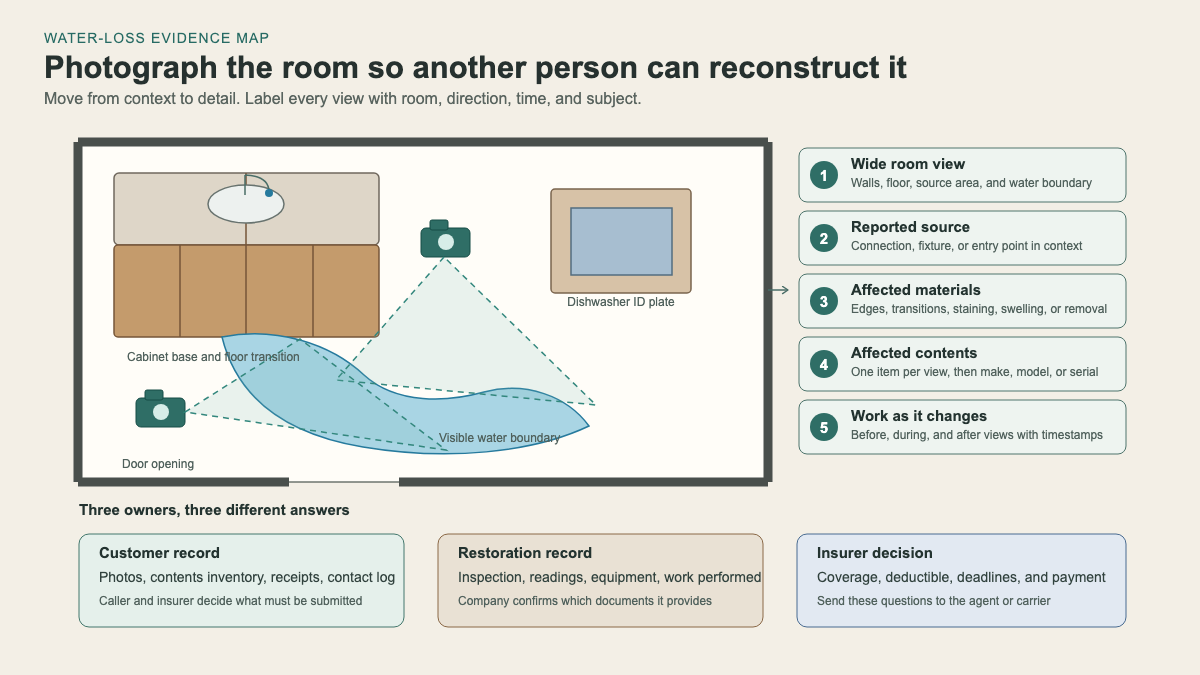 Cutaway kitchen water-loss scene mapping wide, source, material, contents, and progress photos to customer, restoration, and insurer records