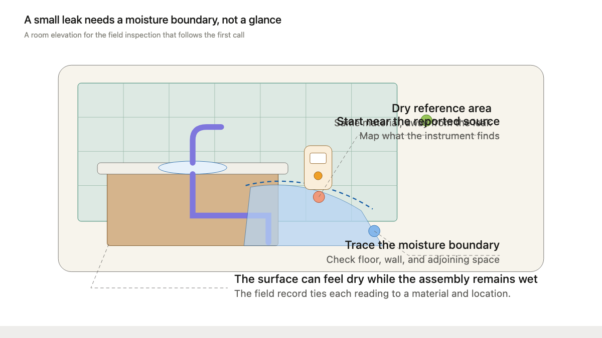 Bathroom elevation mapping a small leak source, moisture boundary, test points, and dry reference area