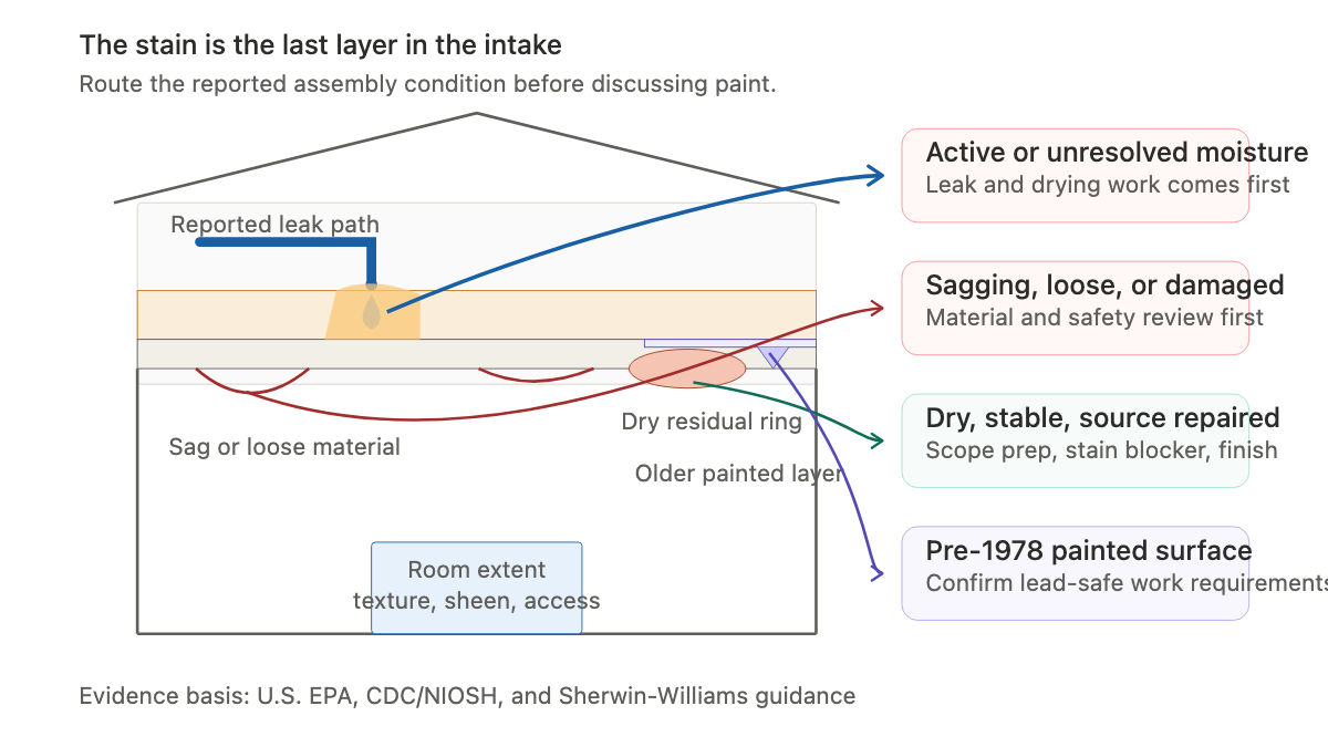 Room and ceiling cutaway mapping active moisture, damaged material, a dry residual stain, and older painted surfaces to different office routes