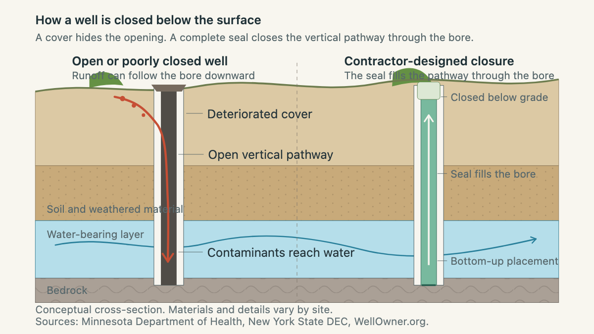 Geologic cross-section showing an open unused well as a contamination pathway beside a properly sealed well