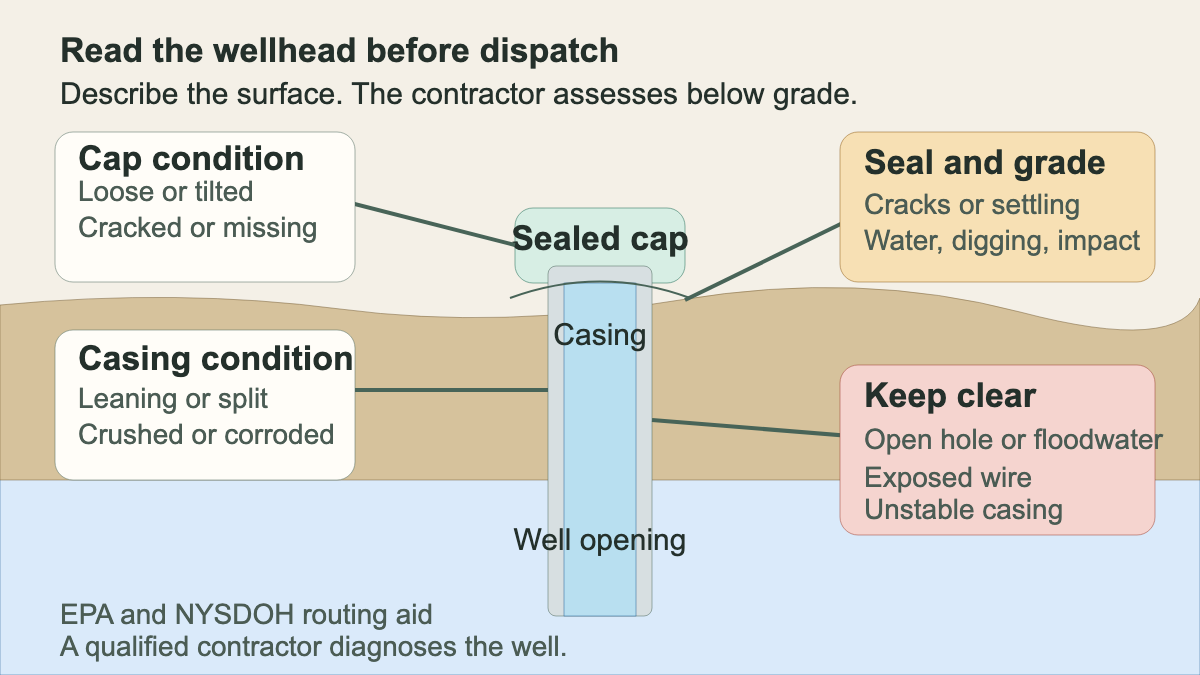 Cross-section of a residential wellhead showing the cap, casing, surface seal, and common visible damage zones