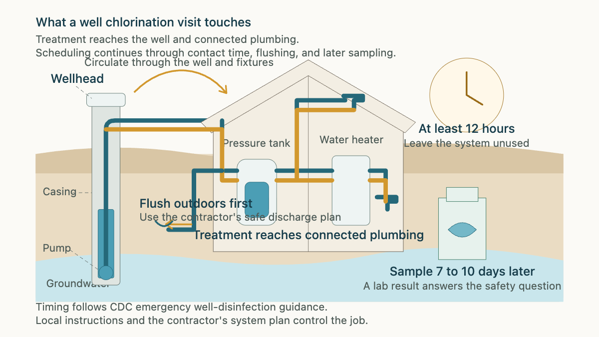 Private well cutaway showing whole-system circulation a protected contact period outdoor flushing and later laboratory sampling