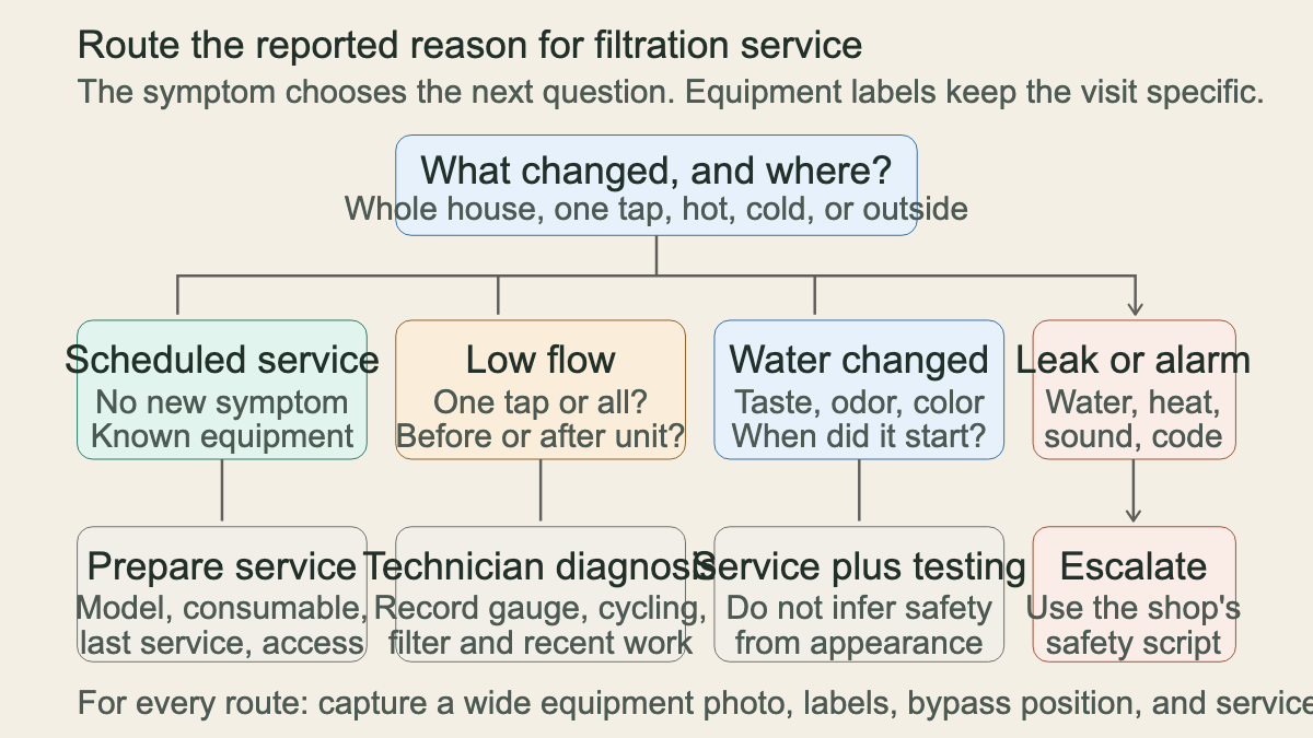 Decision route for well filtration maintenance calls by symptom and next action