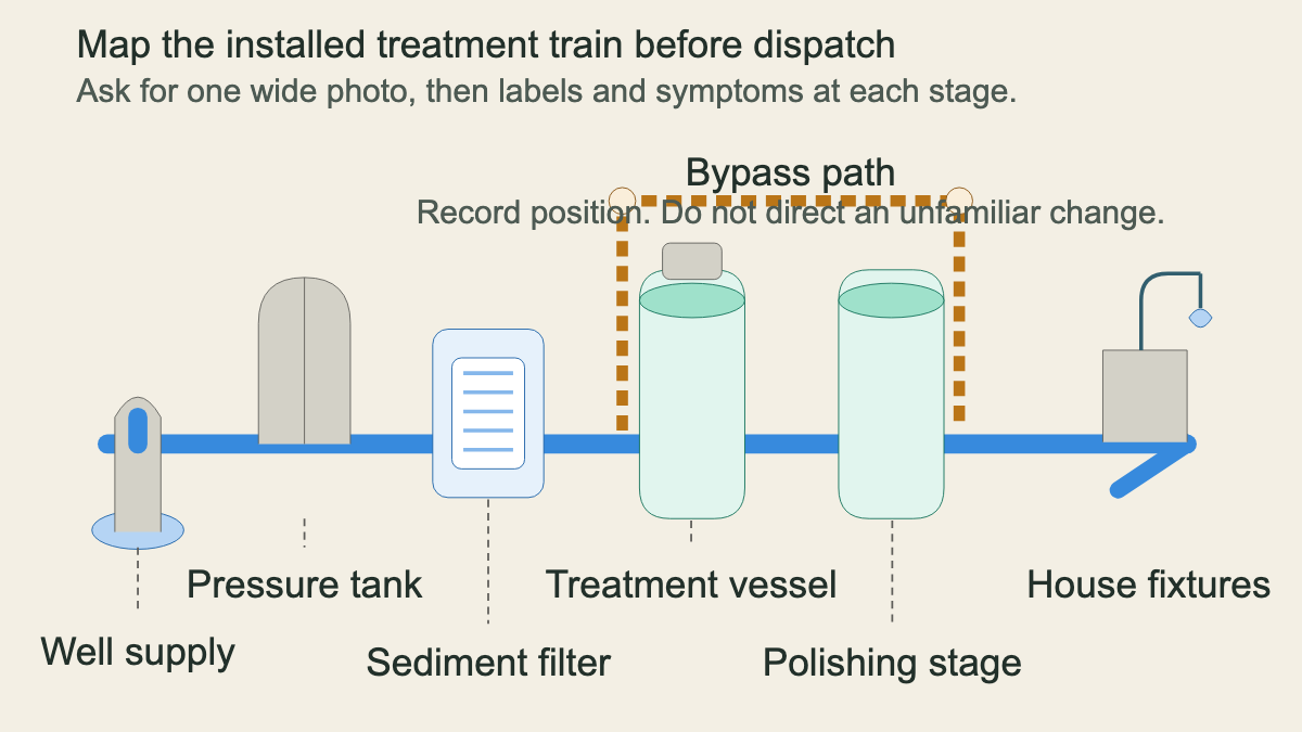 Private well treatment train with pressure tank, sediment filter, treatment vessel, bypass, and fixtures