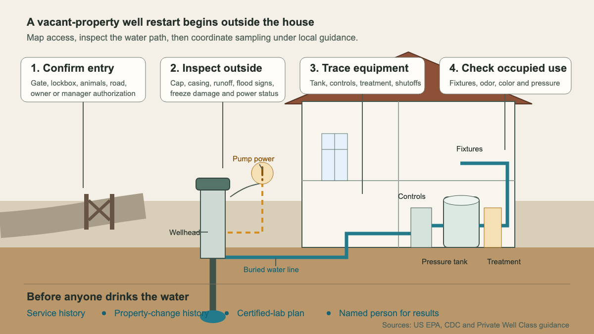 Cutaway map of a vacant property showing access, well components, indoor equipment, and restart records