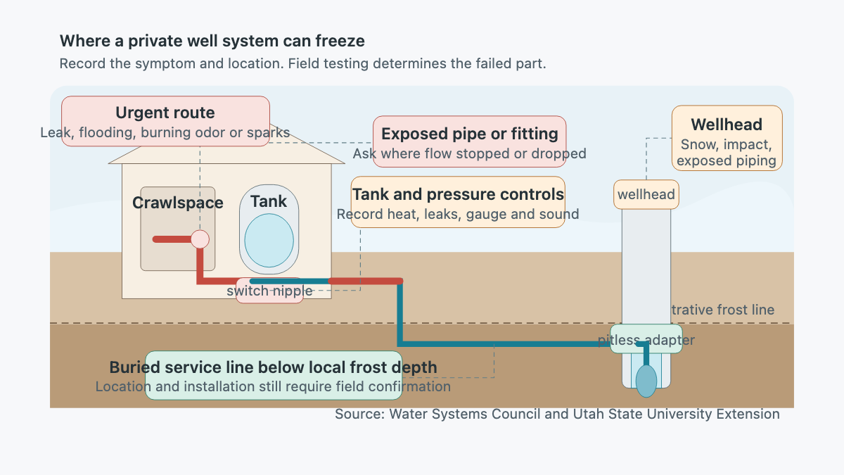 House and private well cutaway marking exposed freeze points and protected buried piping