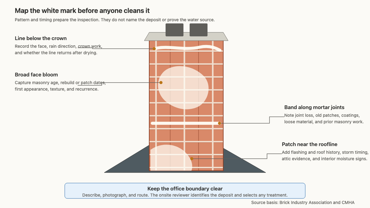 Annotated brick chimney showing four white-stain patterns and the intake evidence each pattern changes