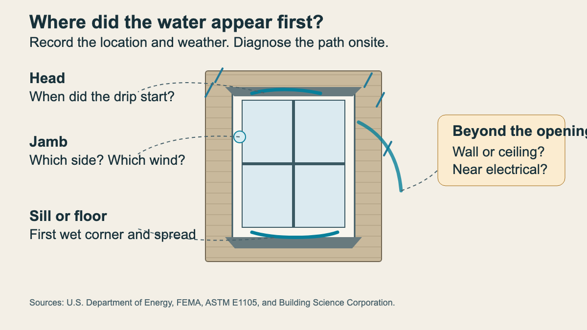 Window elevation mapping rain leak locations to inspection questions