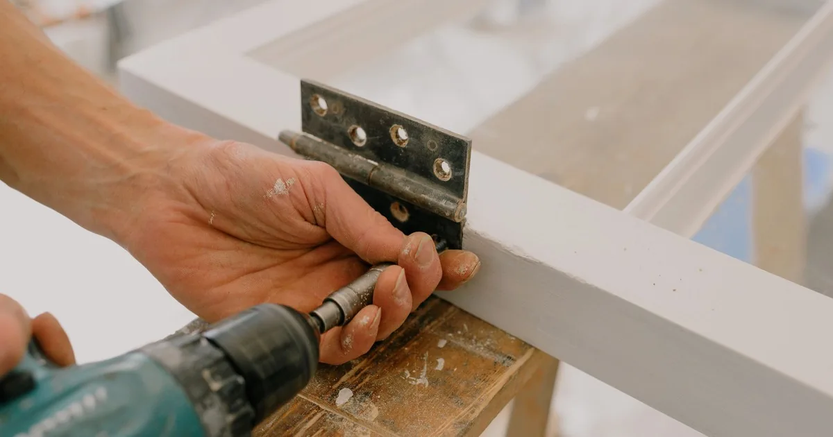 Window installer fastening metal hinge hardware to a white residential window frame