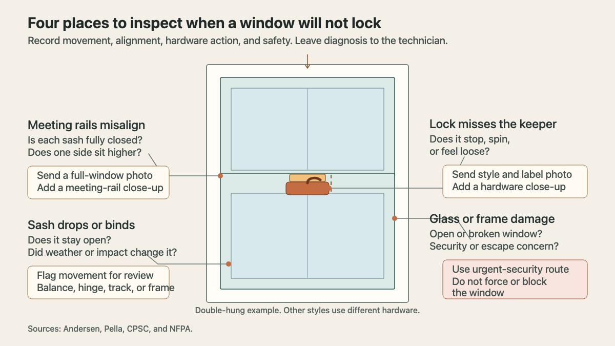Double-hung window diagram mapping sash alignment, lock behavior, movement, and damage to service call routes