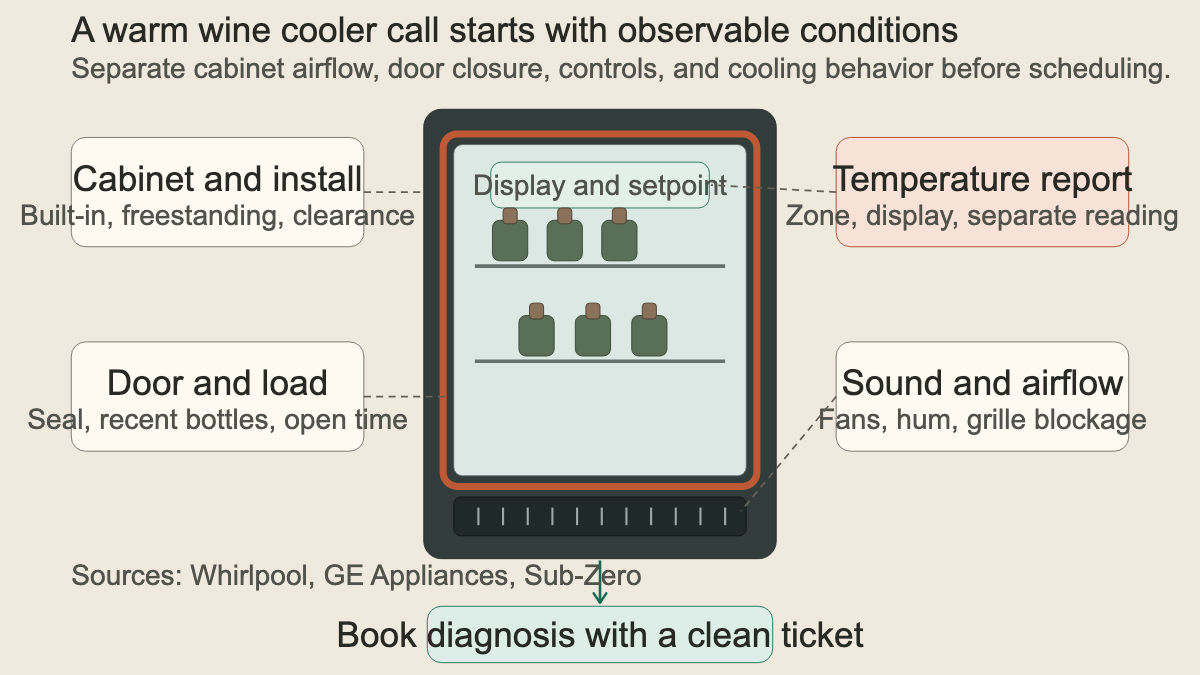 Wine cooler elevation showing the display, bottle zones, door seal, and base ventilation grille