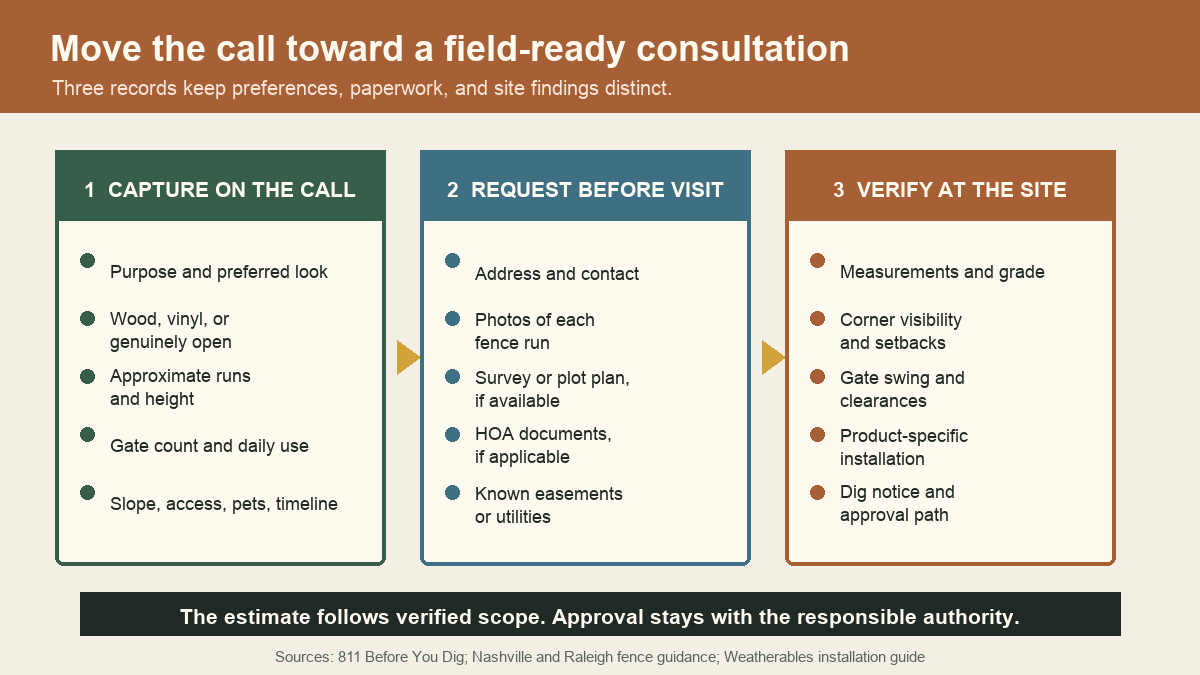 Three-stage fence consultation handoff from call intake through document request to site verification