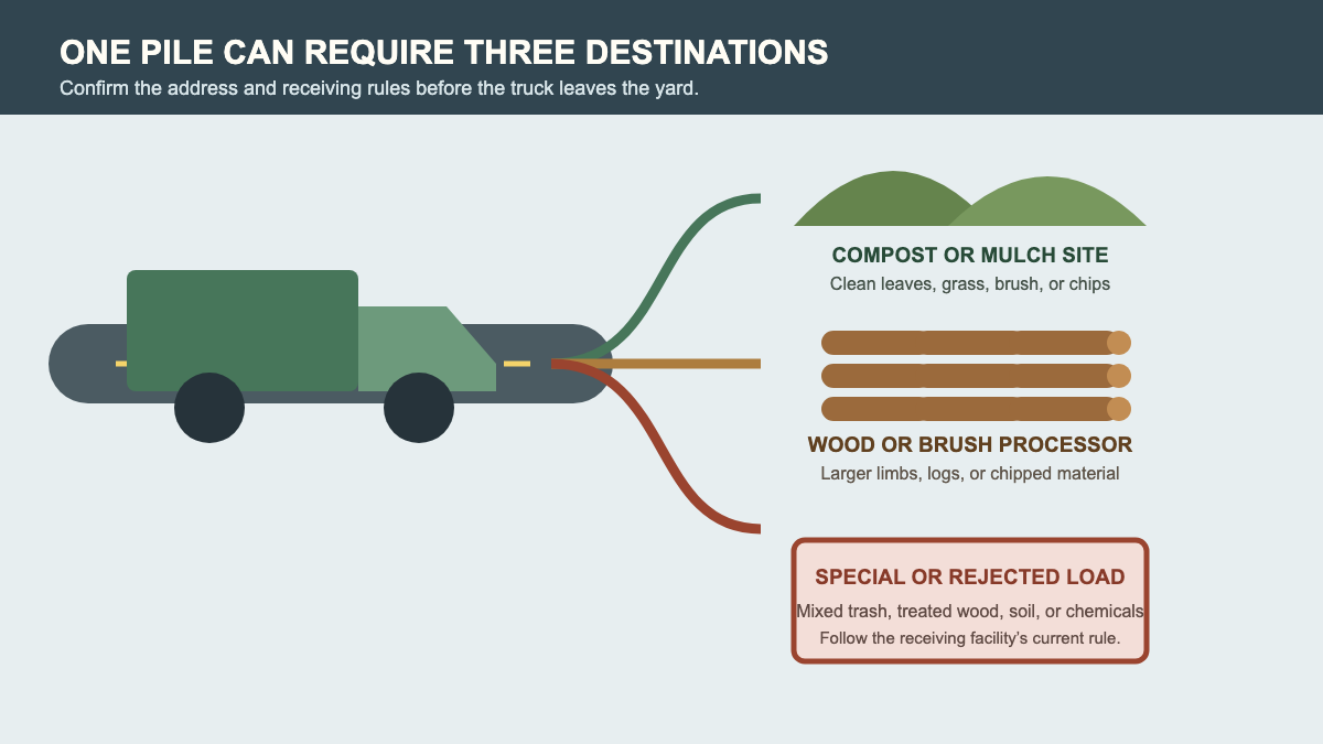 Yard waste truck routed toward compost, wood processing, or a special-load gate